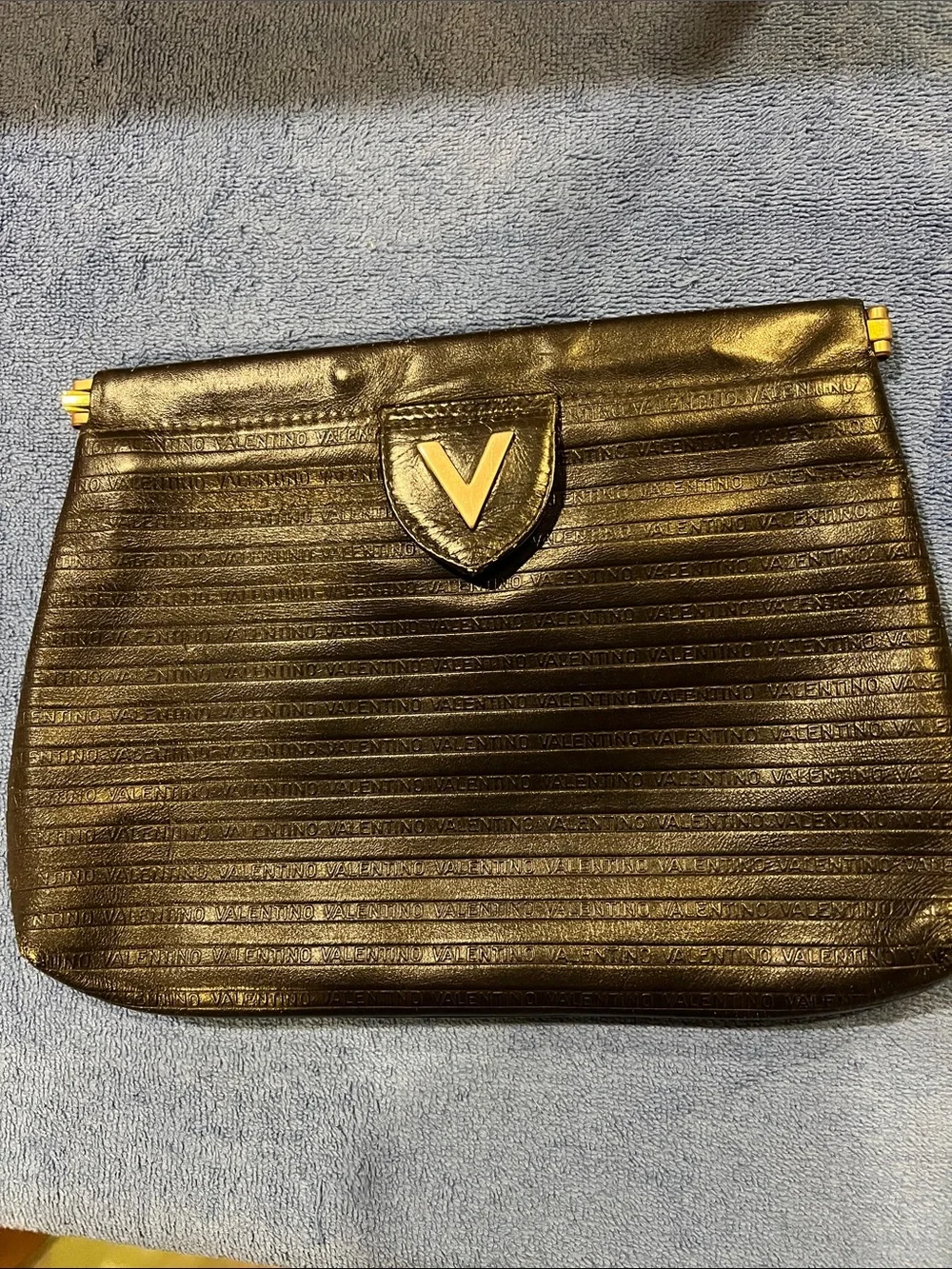 Valentino Black Leather V-Emblem Horizontal Embossed Clutch
